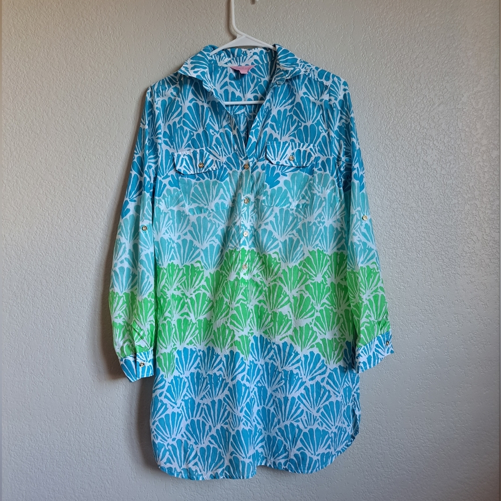 Lilly Pulitzer Captiva Tunic Blue Green Shell Print Longsleeve Button Up Size XS - Picture 2 of 12